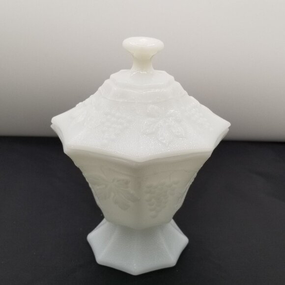 Vintage Milk Glass Footed Compote Candy Dish with Lid Grapes Leaves Pattern - Picture 2 of 9